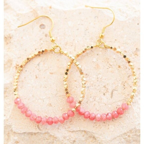 Red Jade Pink Sparkly Gold Beaded Earring Gemstone dangle hoops vacation jewelry - Picture 5 of 10